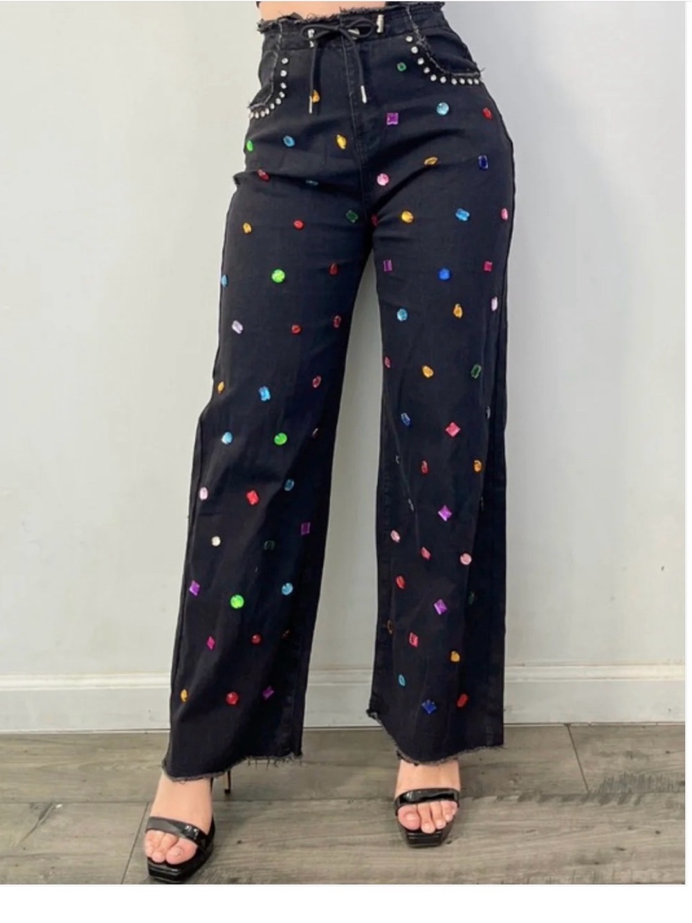 Black Wide-Leg Pants with Multicolor Stud Embellishments